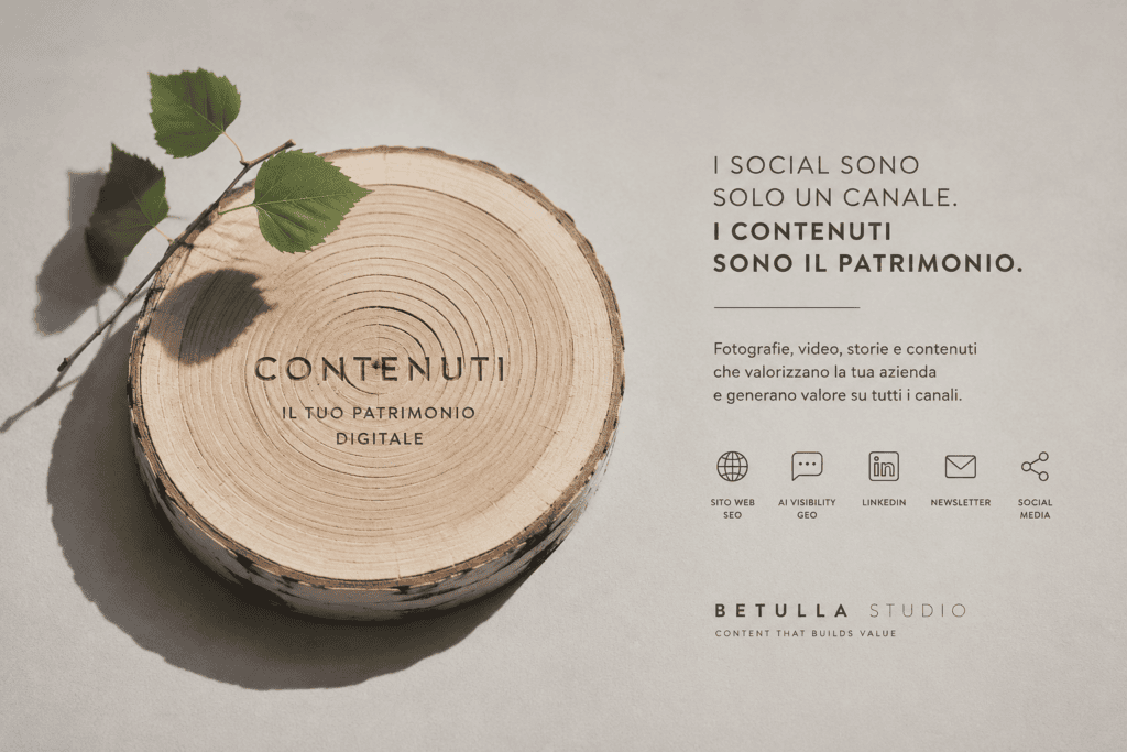 Concept grafico sulla produzione di contenuti per aziende come patrimonio digitale per SEO, GEO, AI Visibility e Social Media realizzato da Betulla Studio.